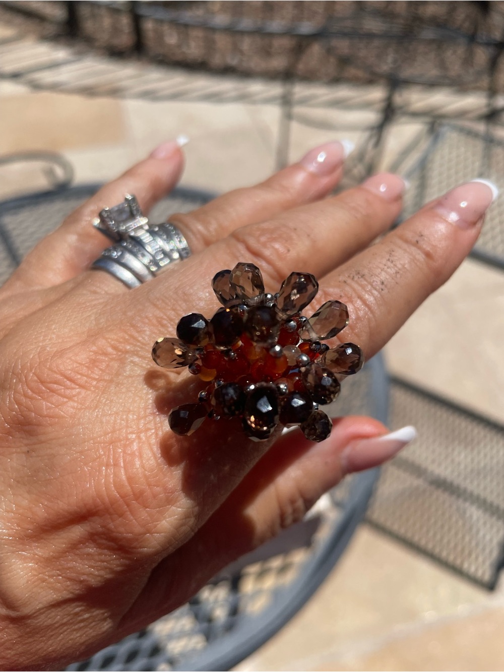 Smoky Brown Quartz/Carnelian-Beaded Cluster Cocktail Ring - Women Jewelry